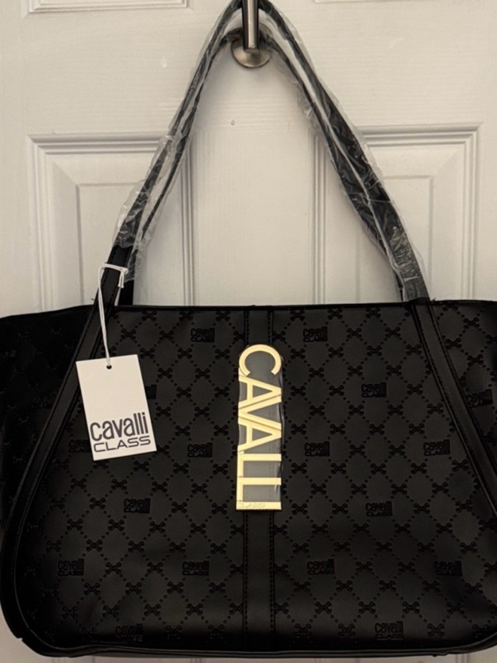 Cavalli Class Black Tote Bag with Gold Logo